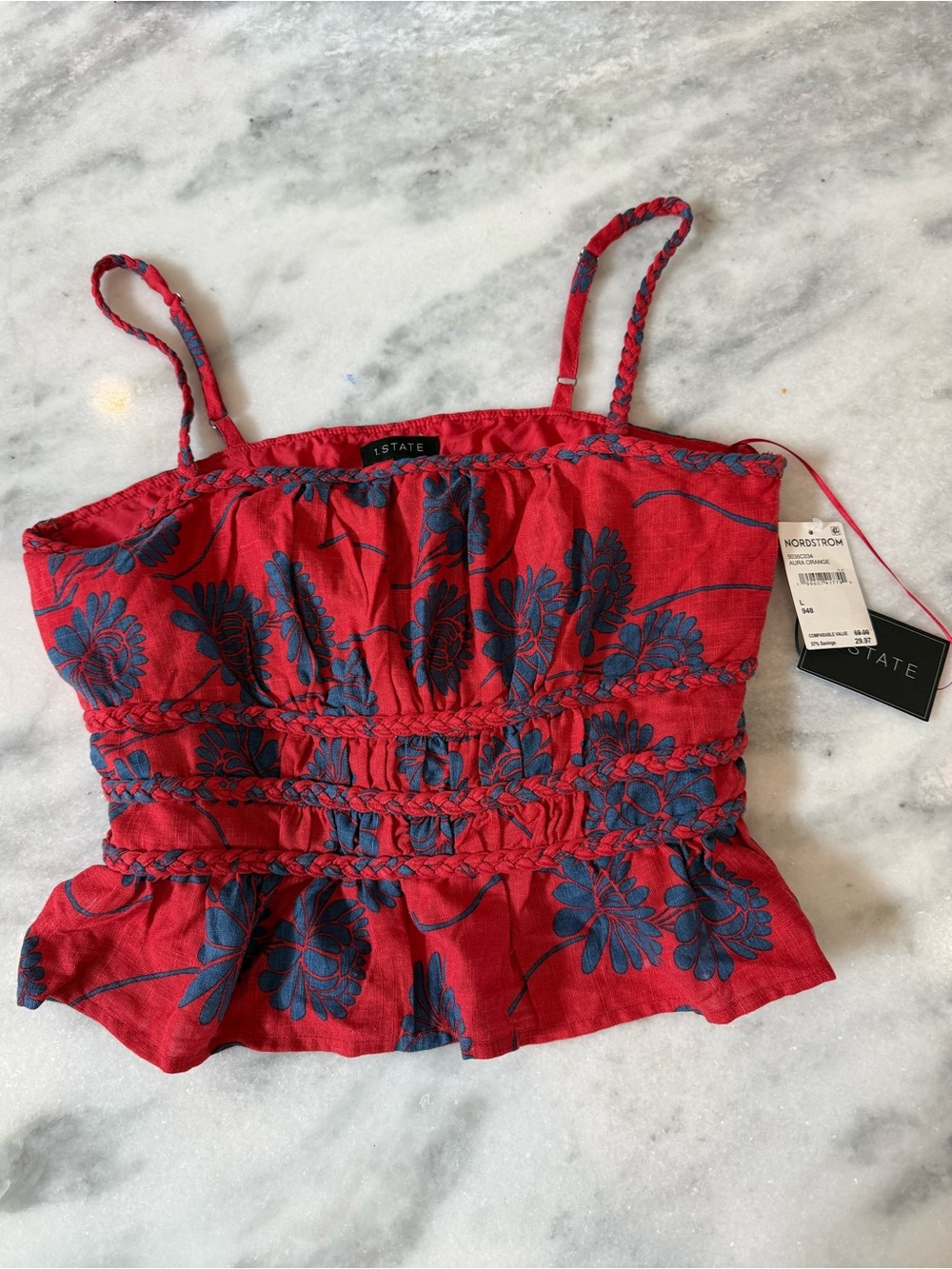 1. State Red Cami Top with Blue Floral Print